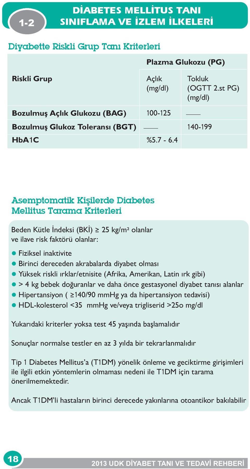 4 Asemptomatik Kişilerde Diabetes Mellitus Tarama Kriterleri Beden Kütle İndeksi (BKİ) 25 kg/m² olanlar ve ilave risk faktörü olanlar: l Fiziksel inaktivite l Birinci dereceden akrabalarda diyabet