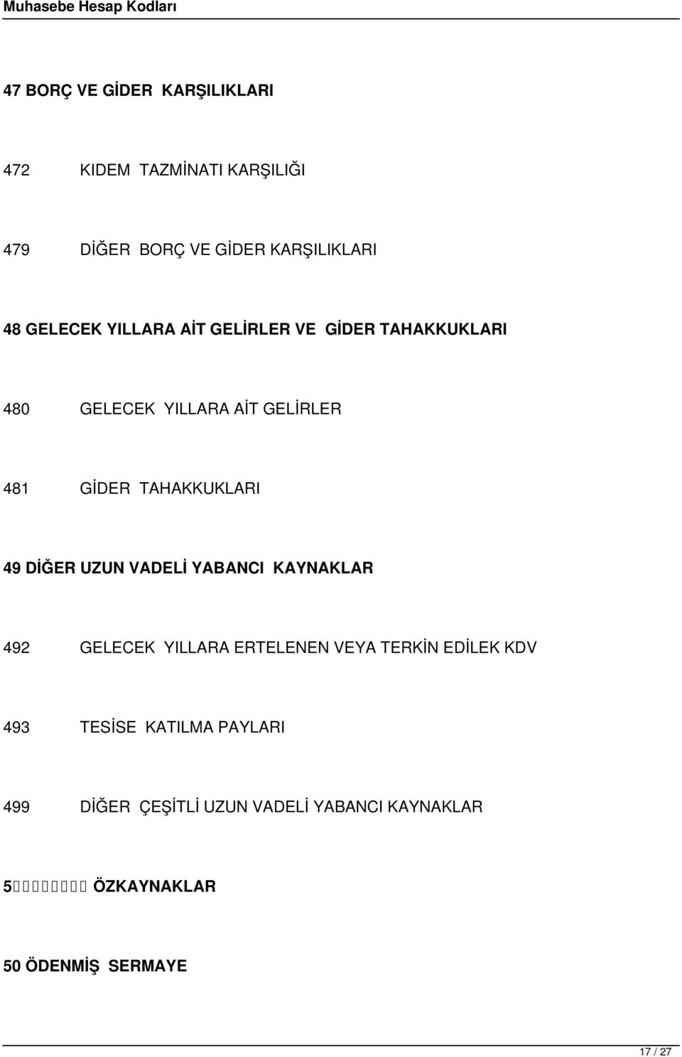 TAHAKKUKLARI 49 DİĞER UZUN VADELİ YABANCI KAYNAKLAR 492 GELECEK YILLARA ERTELENEN VEYA TERKİN EDİLEK