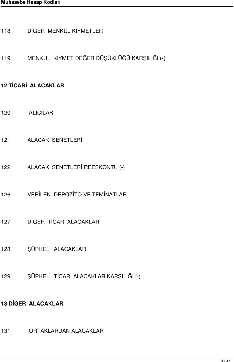 VERİLEN DEPOZİTO VE TEMİNATLAR 127 DİĞER TİCARİ ALACAKLAR 128 ŞÜPHELİ ALACAKLAR 129