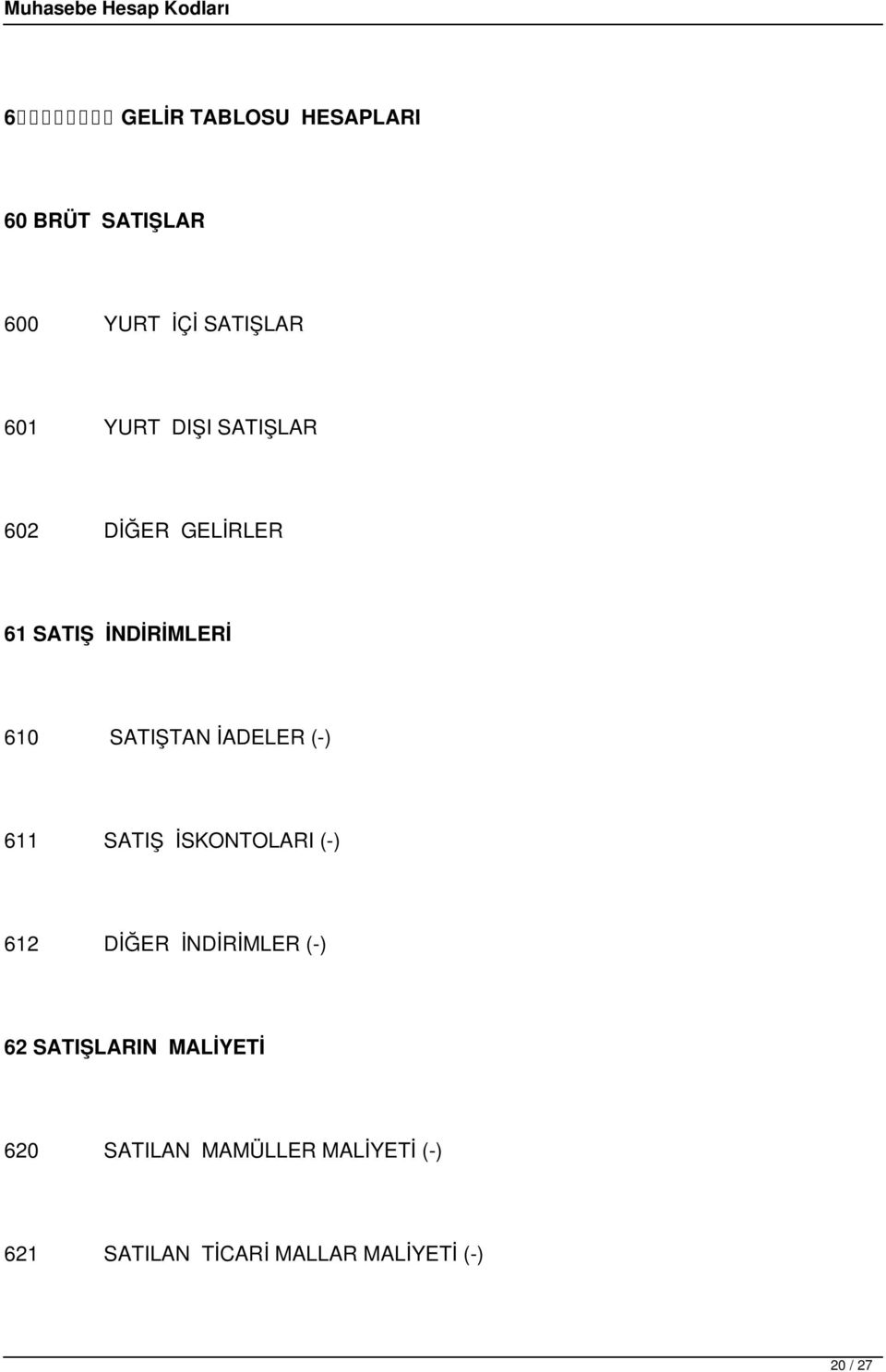 (-) 611 SATIŞ İSKONTOLARI (-) 612 DİĞER İNDİRİMLER (-) 62 SATIŞLARIN