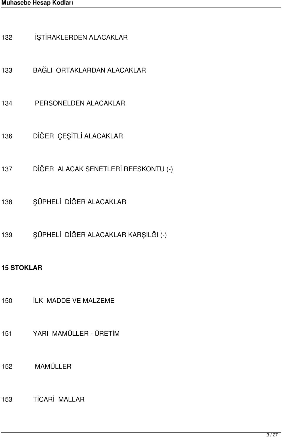 138 ŞÜPHELİ DİĞER ALACAKLAR 139 ŞÜPHELİ DİĞER ALACAKLAR KARŞILĞI (-) 15 STOKLAR