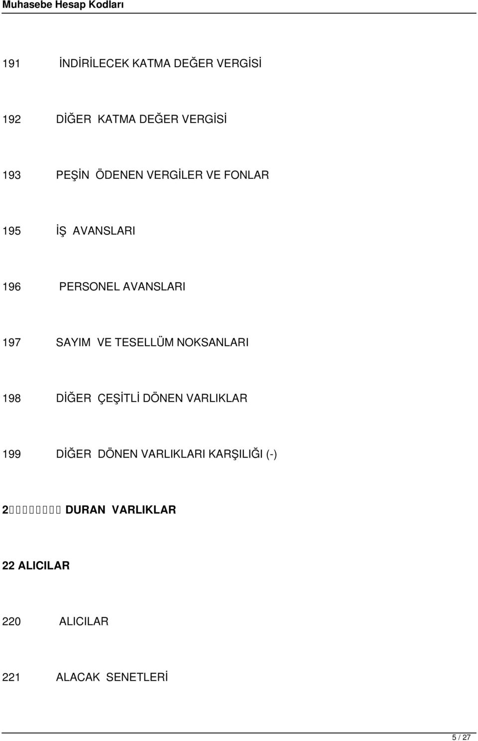 TESELLÜM NOKSANLARI 198 DİĞER ÇEŞİTLİ DÖNEN VARLIKLAR 199 DİĞER DÖNEN