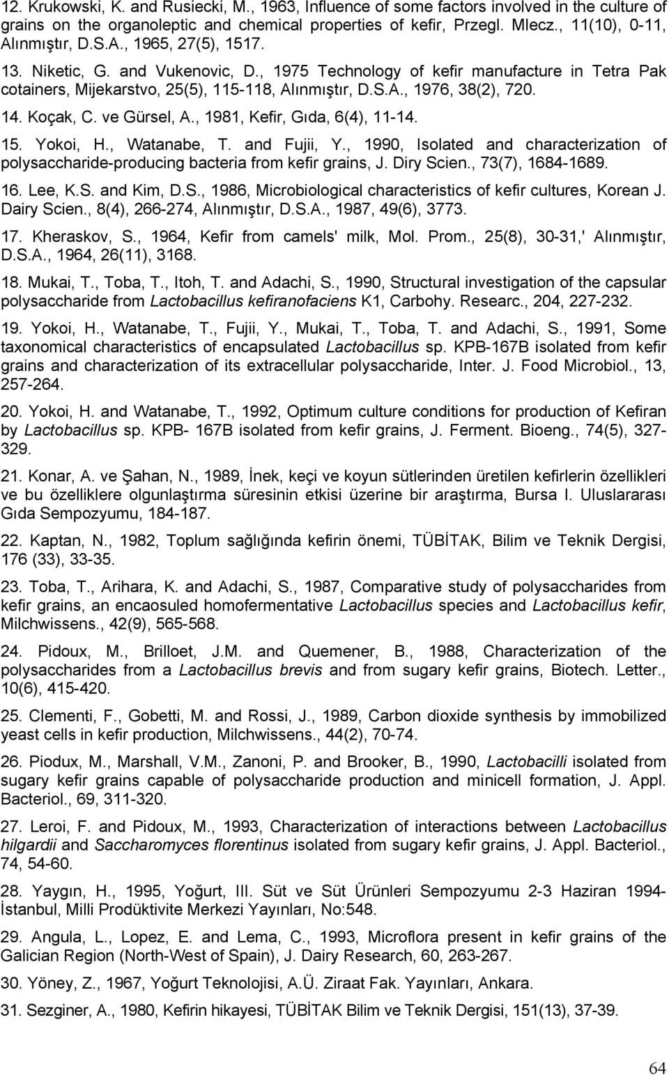 Koçak, C. ve Gürsel, A., 1981, Kefir, Gıda, 6(4), 11-14. 15. Yokoi, H., Watanabe, T. and Fujii, Y., 1990, Isolated and characterization of polysaccharide-producing bacteria from kefir grains, J.