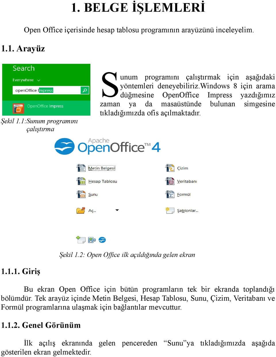 2: Open Office ilk açıldığında gelen ekran 1.1.1. Giriş Bu ekran Open Office için bütün programların tek bir ekranda toplandığı bölümdür.