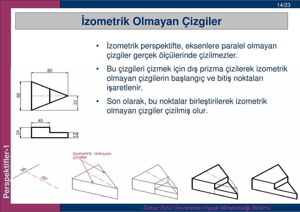 Bu çizgileri çizmek için dış prizma çizilerek izometrik olmayan çizgilerin