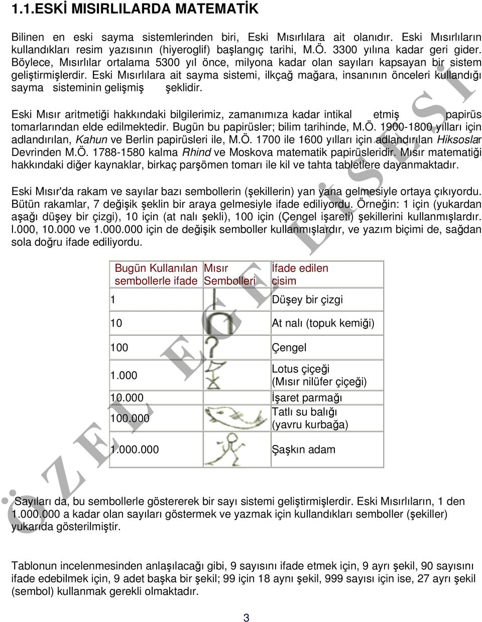 Eski Mısırlılara ait sayma sistemi, ilkçağ mağara, insanının önceleri kullandığı sayma sisteminin gelişmiş şeklidir.