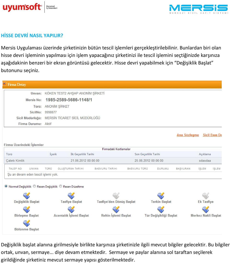 ekran görüntüsü gelecektir. Hisse devri yapabilmek için Değişiklik Başlat butonunu seçiniz.