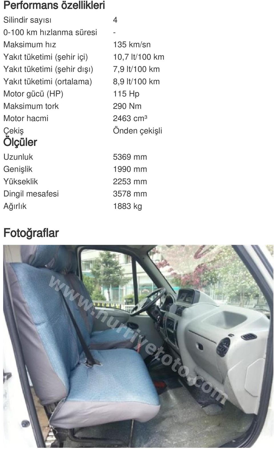 (ortalama) 8,9 lt/100 km Motor gücü (HP) 115 Hp Maksimum tork 290 Nm Motor hacmi 2463 cm³ Çekiş