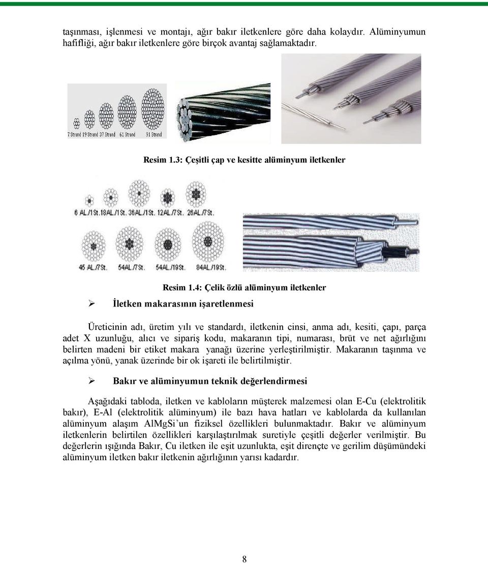 4: Çelik özlü alüminyum iletkenler İletken makarasının işaretlenmesi Üreticinin adı, üretim yılı ve standardı, iletkenin cinsi, anma adı, kesiti, çapı, parça adet X uzunluğu, alıcı ve sipariş kodu,