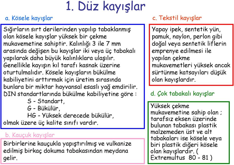 Kösele kayışların bükülme kabiliyetini arttırmak için üretim sırasında bunlara bir miktar hayvansal esaslı yağ emdirilir.