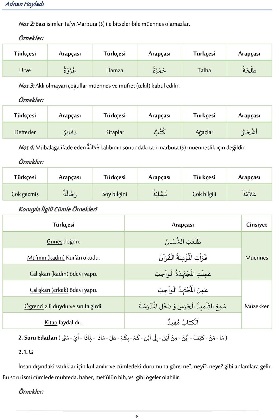 Çok gezmiş ر حال ة Soy bilgini ساب ة Çok bilgili ع لام ة Konuyla İlgili Cümle Örnekleri Cinsiyet Güneş doğdu. ط ل ع ت ال شم س Mü min (kadın) Kur ân okudu.