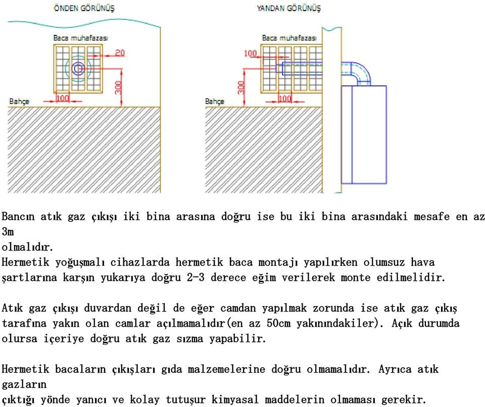 Atık gaz çıkışı duvardan değil de eğer camdan yapılmak zorunda ise atık gaz çıkış tarafına yakın olan camlar açılmamalıdır(en az 50cm yakınındakiler).