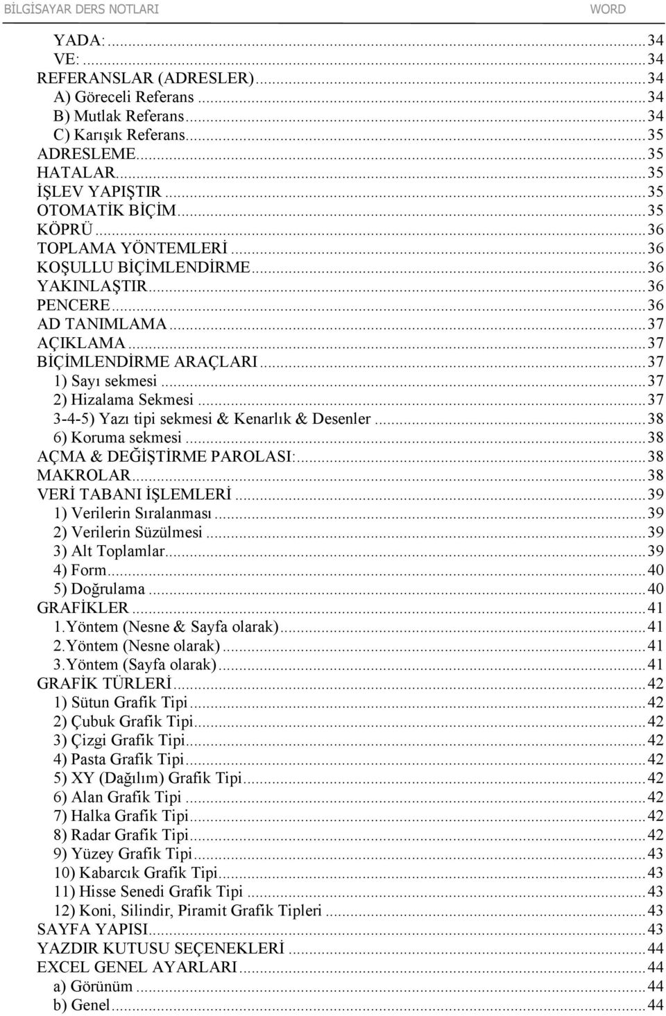 ..37 3-4-5) Yazı tipi sekmesi & Kenarlık & Desenler...38 6) Koruma sekmesi...38 AÇMA & DEĞİŞTİRME PAROLASI:...38 MAKROLAR...38 VERİ TABANI İŞLEMLERİ...39 1) Verilerin Sıralanması.