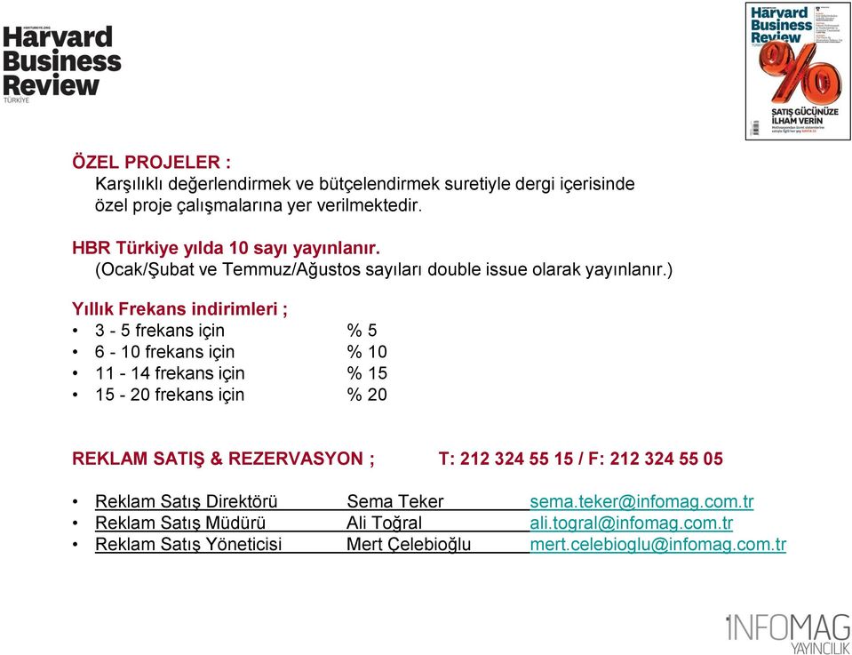 ) Yıllık Frekans indirimleri ; 3-5 frekans için % 5 6-10 frekans için % 10 11-14 frekans için % 15 15-20 frekans için % 20 REKLAM SATIŞ & REZERVASYON ;