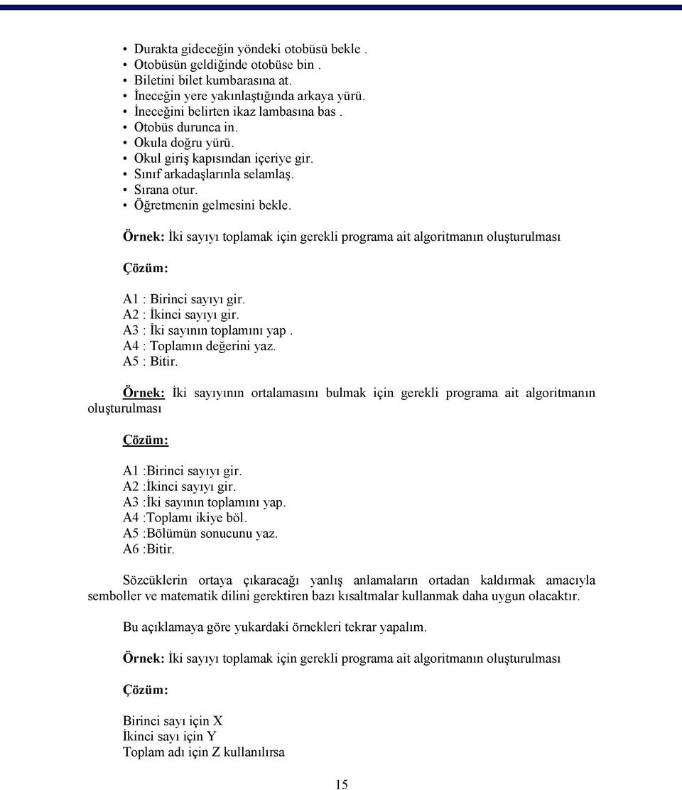 Örnek: İki sayıyı toplamak için gerekli programa ait algoritmanın oluşturulması Çözüm: A1 : Birinci sayıyı gir. A2 : İkinci sayıyı gir. A3 : İki sayının toplamını yap. A4 : Toplamın değerini yaz.