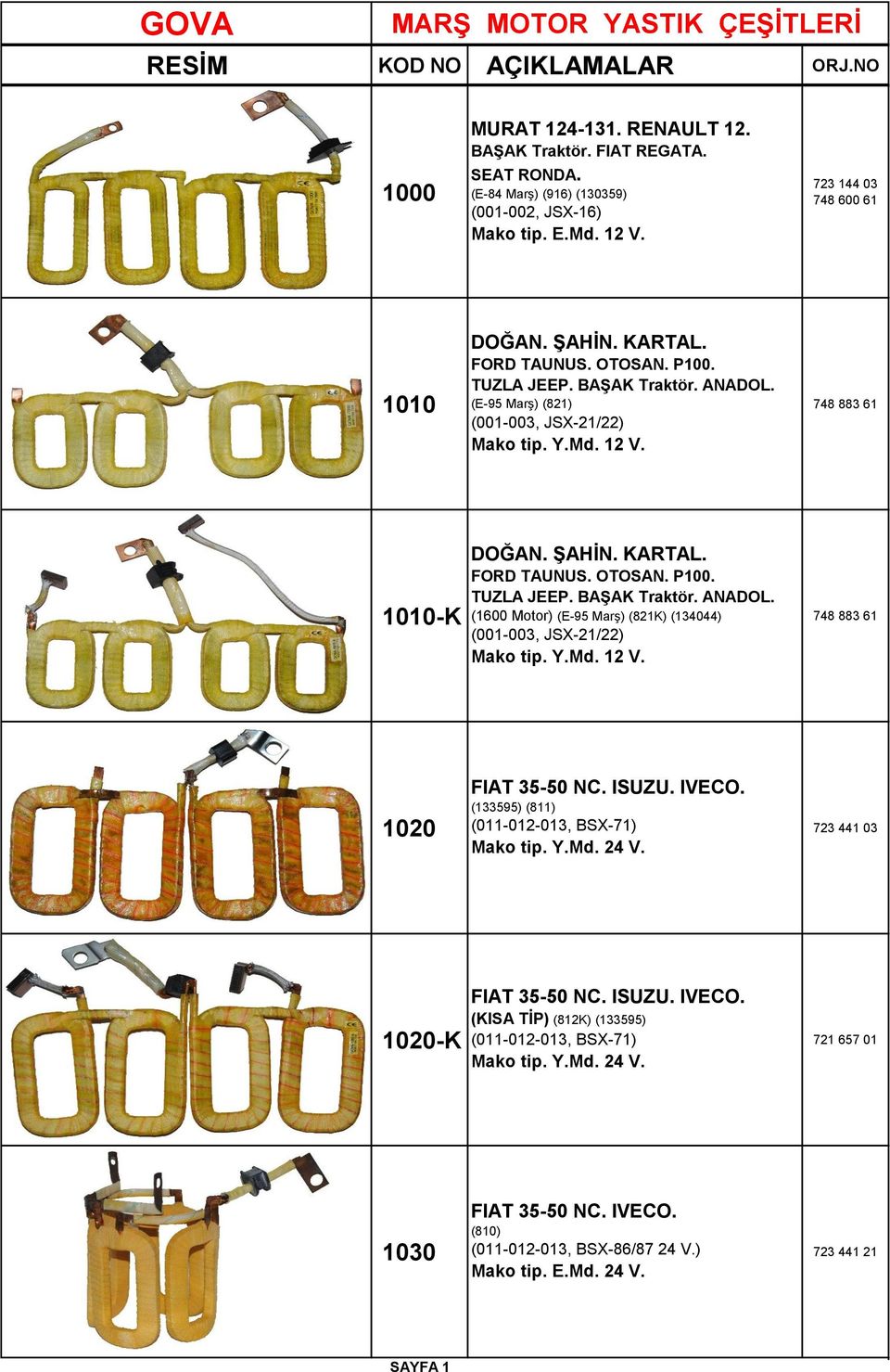 Y.Md. 12 V. 748 883 61 1020 FIAT 35-50 NC. ISUZU. IVECO. (133595) (811) (011-012-013, BSX-71) Mako tip. Y.Md. 24 V. 723 441 03 1020-K FIAT 35-50 NC. ISUZU. IVECO. (KISA TİP) (812K) (133595) (011-012-013, BSX-71) Mako tip.