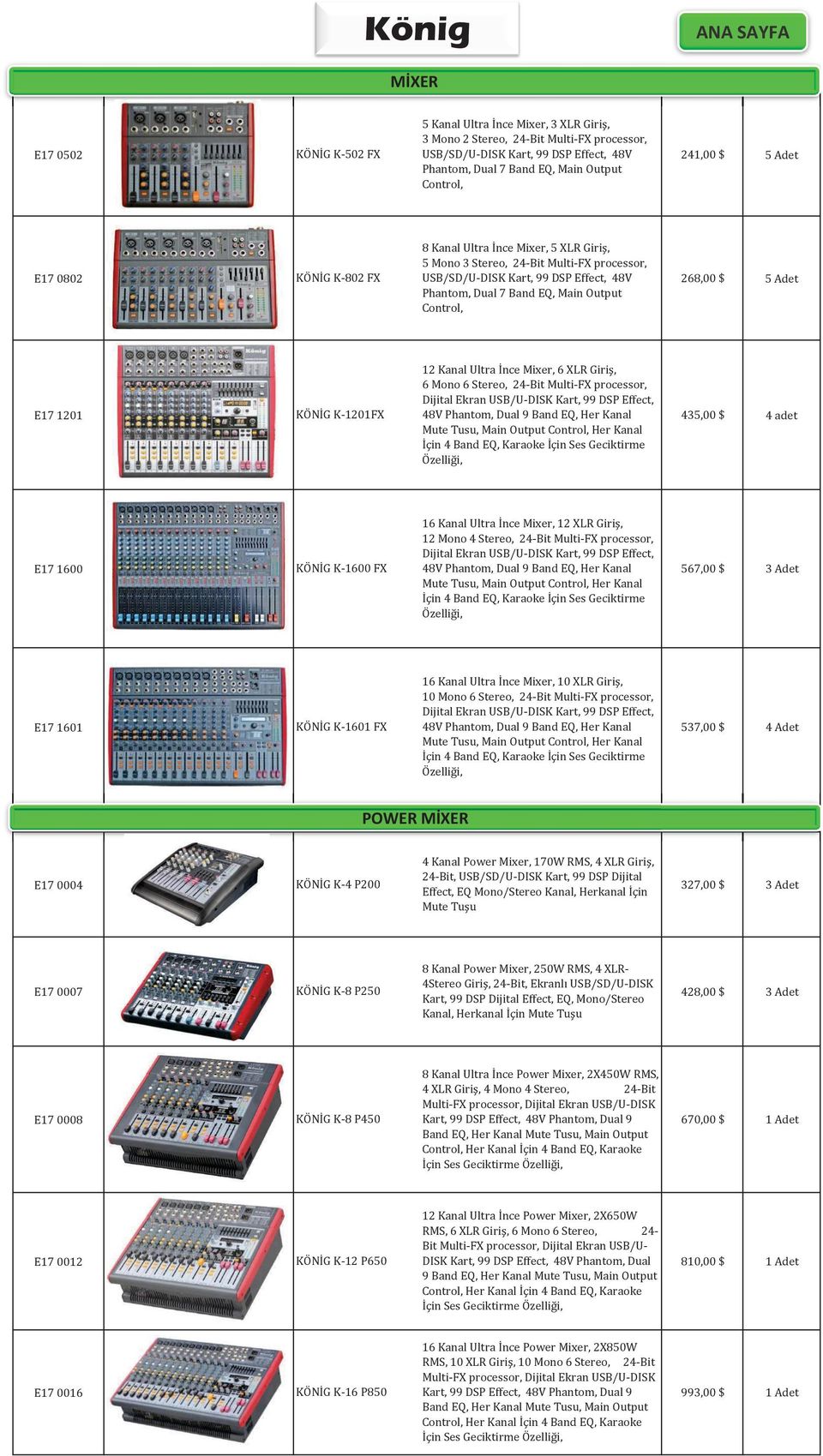 Phantom, Dual 7 Band EQ, Main Output Control, 12 Kanal Ultra İnce Mixer, 6 XLR Giriş, 6 Mono 6 Stereo, 24-Bit Multi-FX processor, Dijital Ekran USB/U-DISK Kart, 99 DSP Effect, E17 1201 KÖNİG K-1201FX