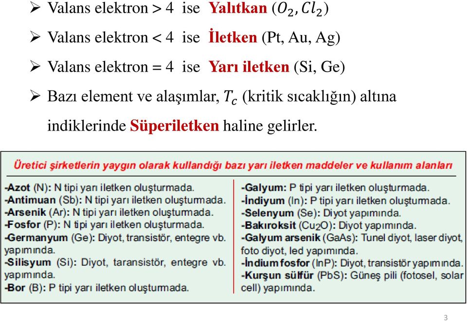 ise Yarı iletken (Si, Ge) Bazı element ve alaşımlar, T c