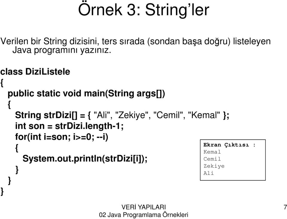 class DiziListele String strdizi[] = "Ali", "Zekiye", "Cemil", "Kemal" ; int