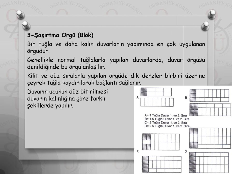 Kilit ve düz sıralarla yapılan örgüde dik derzler birbiri üzerine çeyrek tuğla kaydırılarak