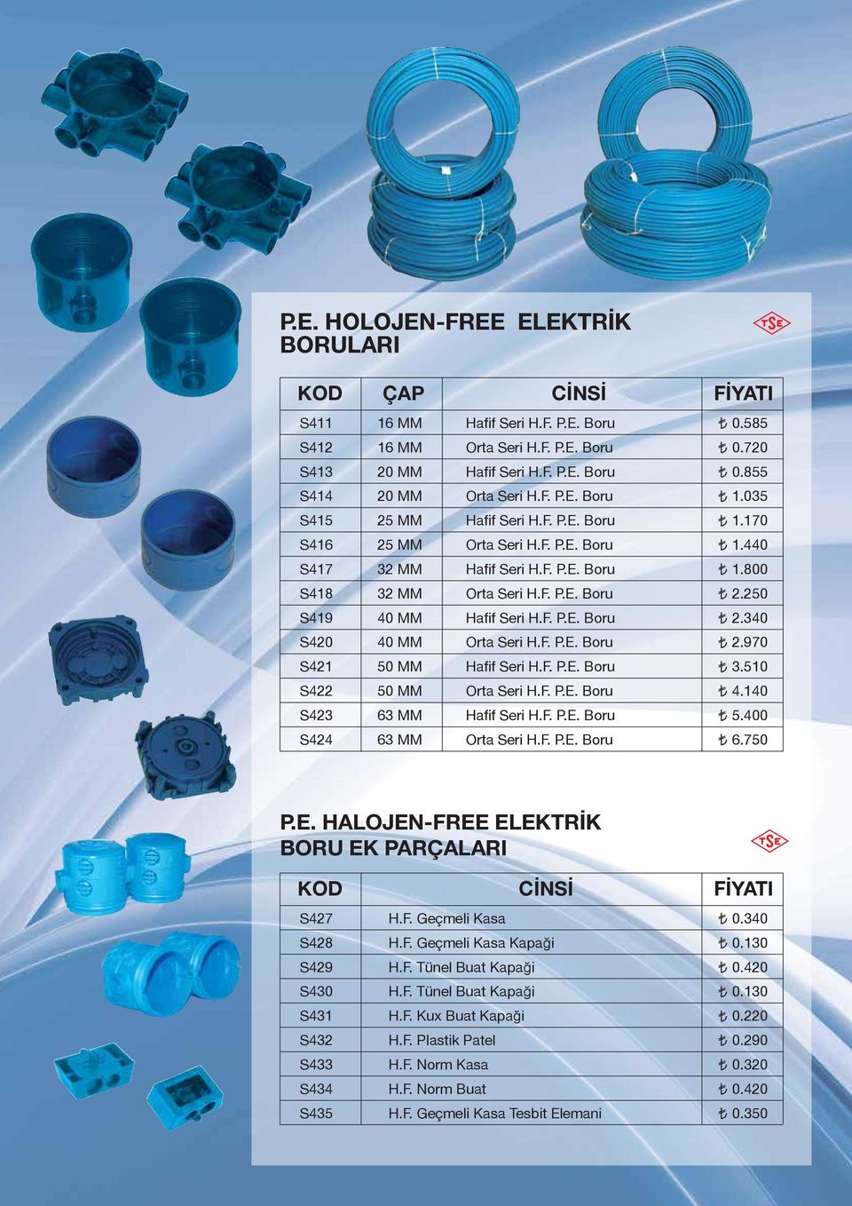 HALOJEN-FREE ELEKTRİK BORU EK PARÇALARI KOD S427 S428 S429 S430 S431 S432 S433 S434 S435 H.F. Geçmeli Kasa H.F. Geçmeli Kasa Kapaği H.