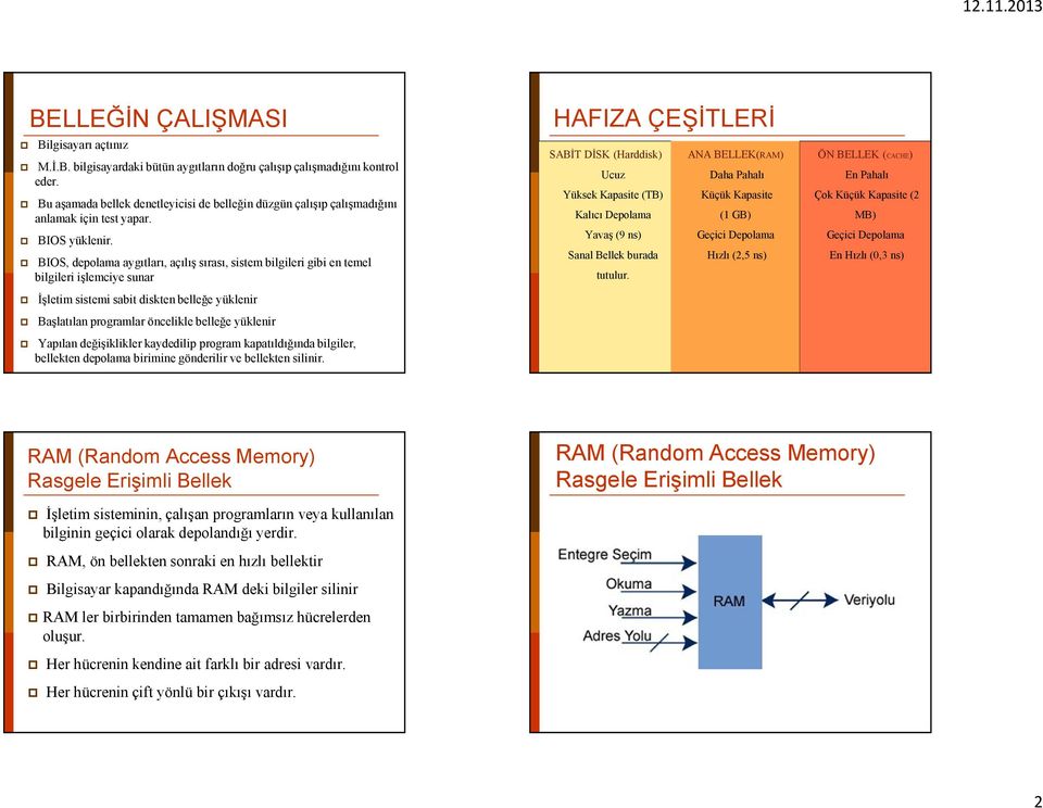BIOS, depolama aygıtları, açılış sırası, sistem bilgileri gibi en temel bilgileri işlemciye sunar SABİT DİSK (Harddisk) Ucuz Yüksek Kapasite (TB) Kalıcı Depolama Yavaş (9 ns) Sanal Bellek burada