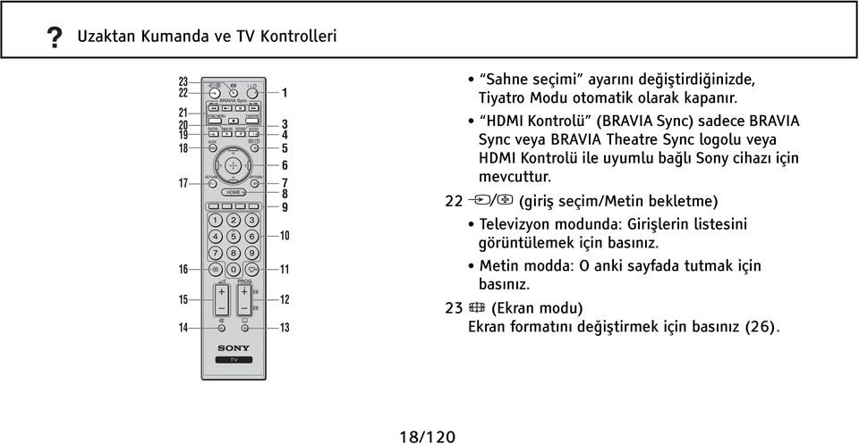 HDMI Kontrolü (BRAVIA Sync) sadece BRAVIA Sync veya BRAVIA Theatre Sync logolu veya HDMI Kontrolü ile uyumlu bağlı Sony cihazı için