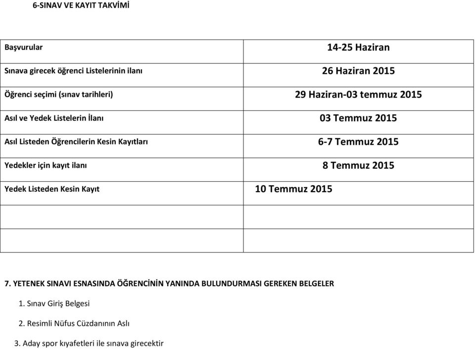 Temmuz 2015 Yedekler için kayıt ilanı 8 Temmuz 2015 Yedek Listeden Kesin Kayıt 10 Temmuz 2015 7.