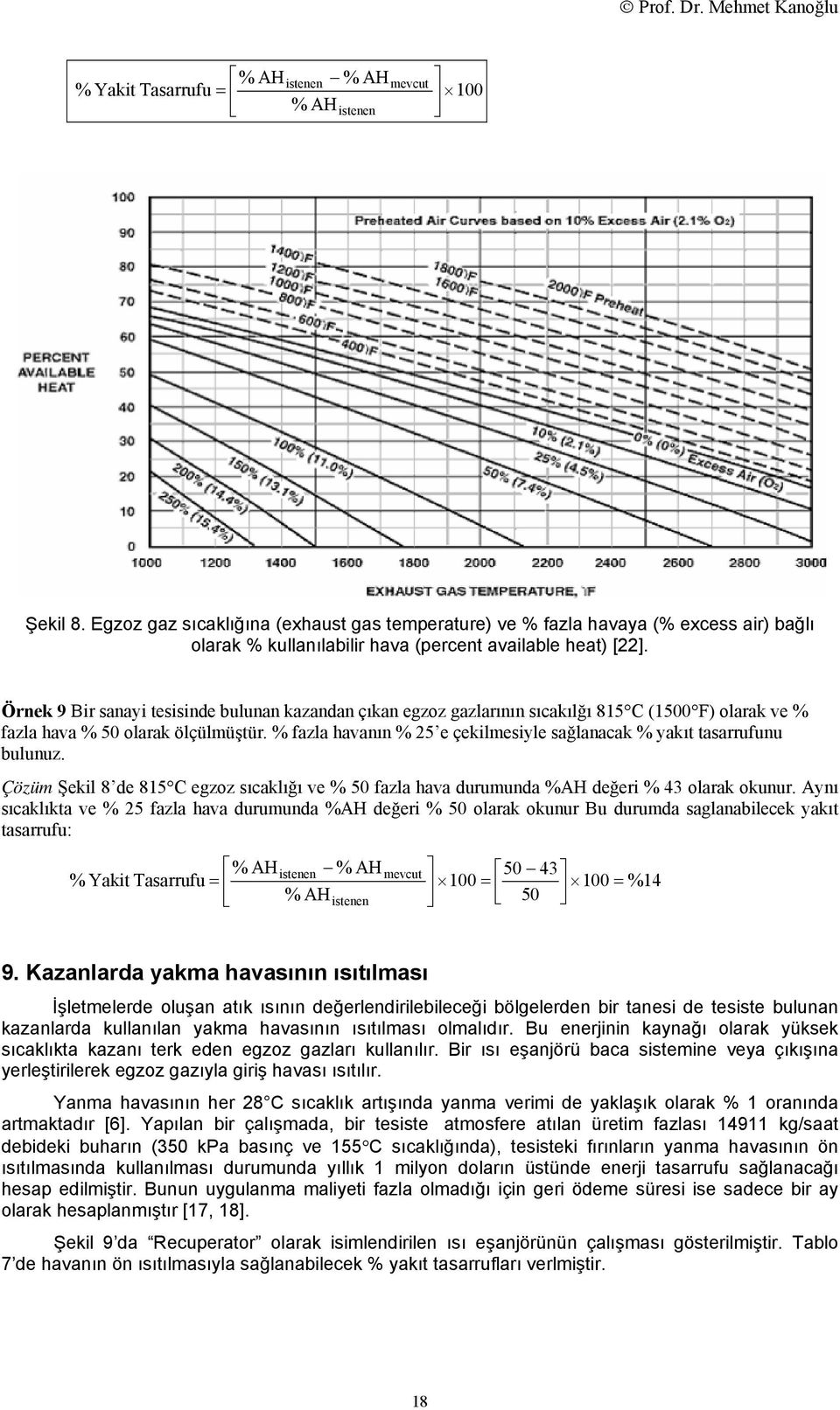 Örnek 9 Bir sanayi tesisinde bulunan kazandan çıkan egzoz gazlarının sıcakılğı 815 C (1500 F) olarak ve % fazla hava % 50 olarak ölçülmüştür.