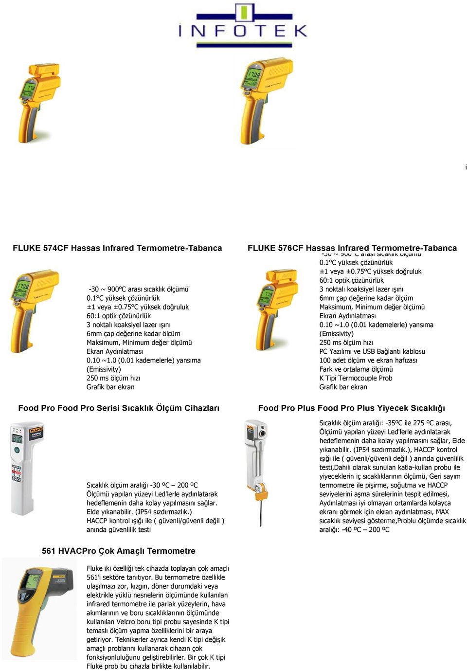 01 kademelerle) yansıma, AC Adaptör ile kullanım, K Tipi Thermocouple prob B68 FLUKE 574CF Hassas Infrared Termometre-Tabanca Food Pro Food Pro Serisi Sıcaklık Ölçüm Cihazları Sıcaklık ölçüm aralığı