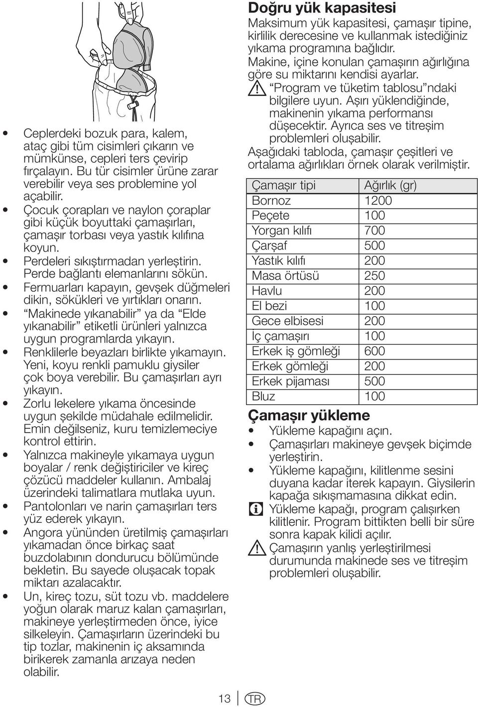 Fermuarları kapayın, gevşek düğmeleri dikin, sökükleri ve yırtıkları onarın. Makinede yıkanabilir ya da Elde yıkanabilir etiketli ürünleri yalnızca uygun programlarda yıkayın.