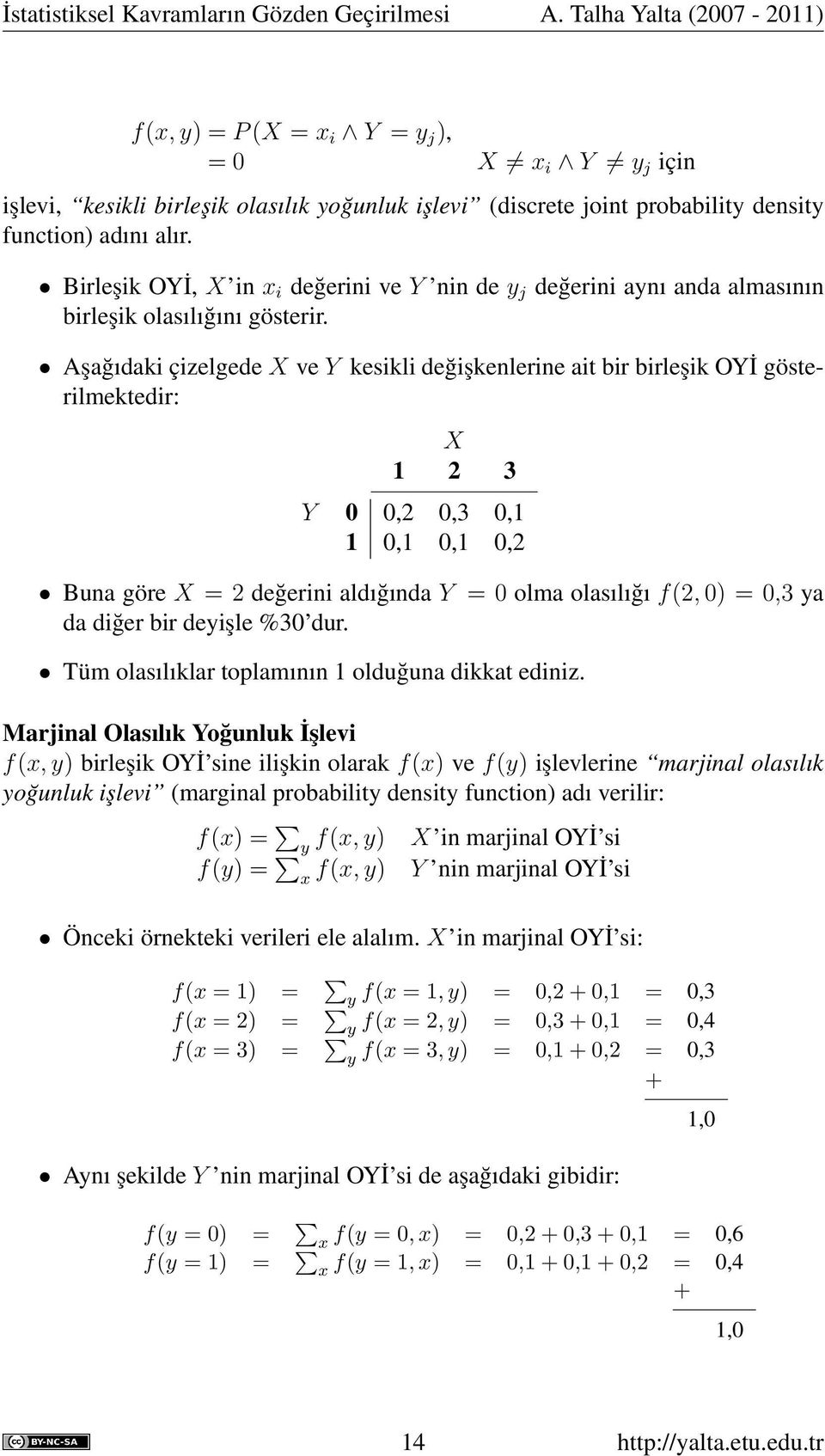 Birleşik OYİ, X in x i değerini ve Y nin de y j değerini aynı anda almasının birleşik olasılığını gösterir.