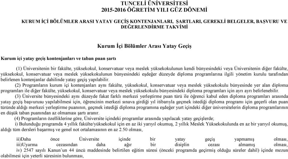 fakülte, yüksekokul, konservatuar veya meslek yüksekokulunun bünyesindeki eşdeğer düzeyde diploma programlarına ilgili yönetim kurulu tarafından belirlenen kontenjanlar dahilinde yatay geçiş