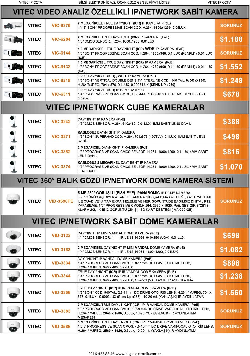 264, 1600x1200, 0,05LÜX 2 MEGAPIXEL TRUE DAY/NIGHT (ICR) IP KAMERA (PoE) 1/3" CMOS SENSÖR, H.264, 1600x1200, 0.01LÜX $1.188 VIC-6144 VIC-6133 VIC-6218 VIC-6311 1.