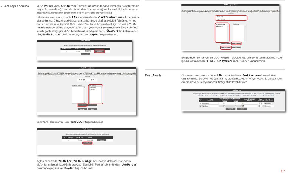 Cihazınızın web ara yüzünde, LAN menüsü altında, VLAN Yapılandırma alt menüsüne ulaşabilirsiniz. Cihazın fabrika ayarlarında bütün yerel ağ arayüzleri (bütün ethernet portları, wireless vs.