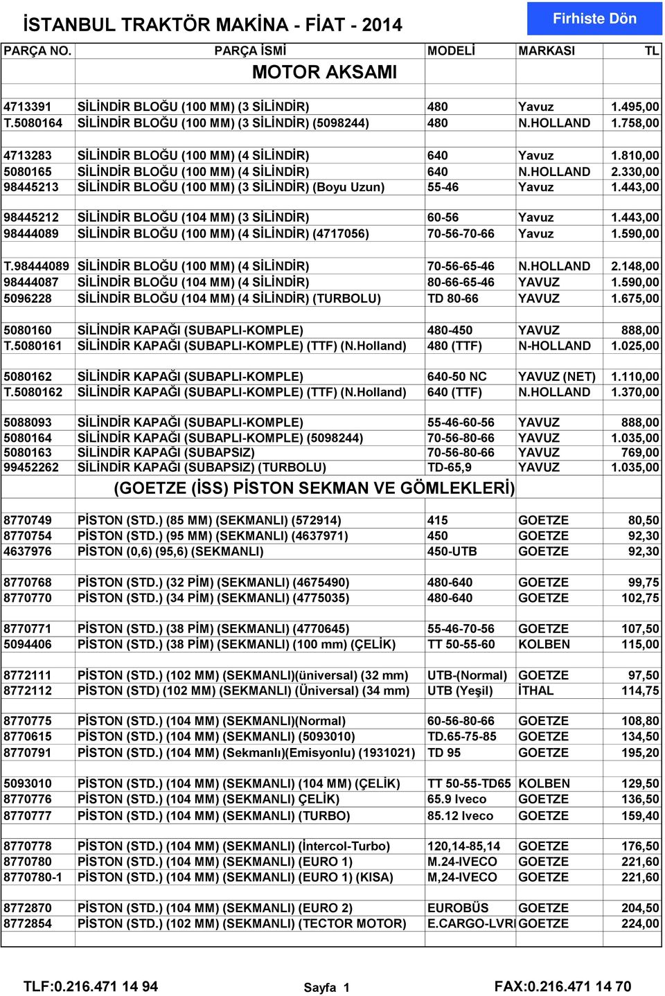 330,00 98445213 SİLİNDİR BLOĞU (100 MM) (3 SİLİNDİR) (Boyu Uzun) 55-46 Yavuz 1.443,00 98445212 SİLİNDİR BLOĞU (104 MM) (3 SİLİNDİR) 60-56 Yavuz 1.