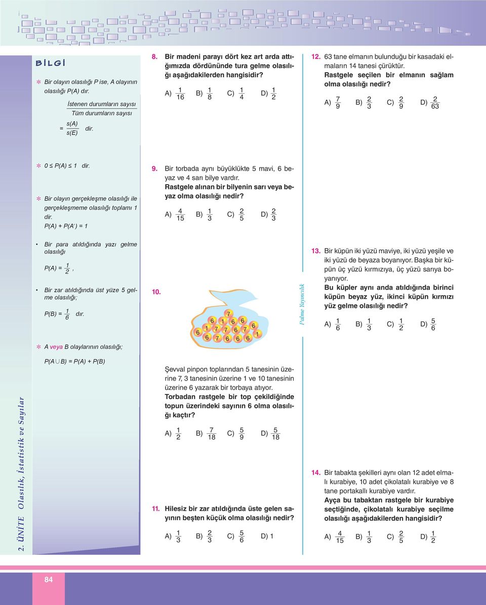 Rastgele seçilen bir elmanın sağlam olma olasılığı nedir? A) 9 B) C) 9 D) 6 ) 0 P(A) dir. ) Bir olayın gerçekleşme olasılığı ile gerçekleşmeme olasılığı toplamı dir. P(A) + P(Al) 9.