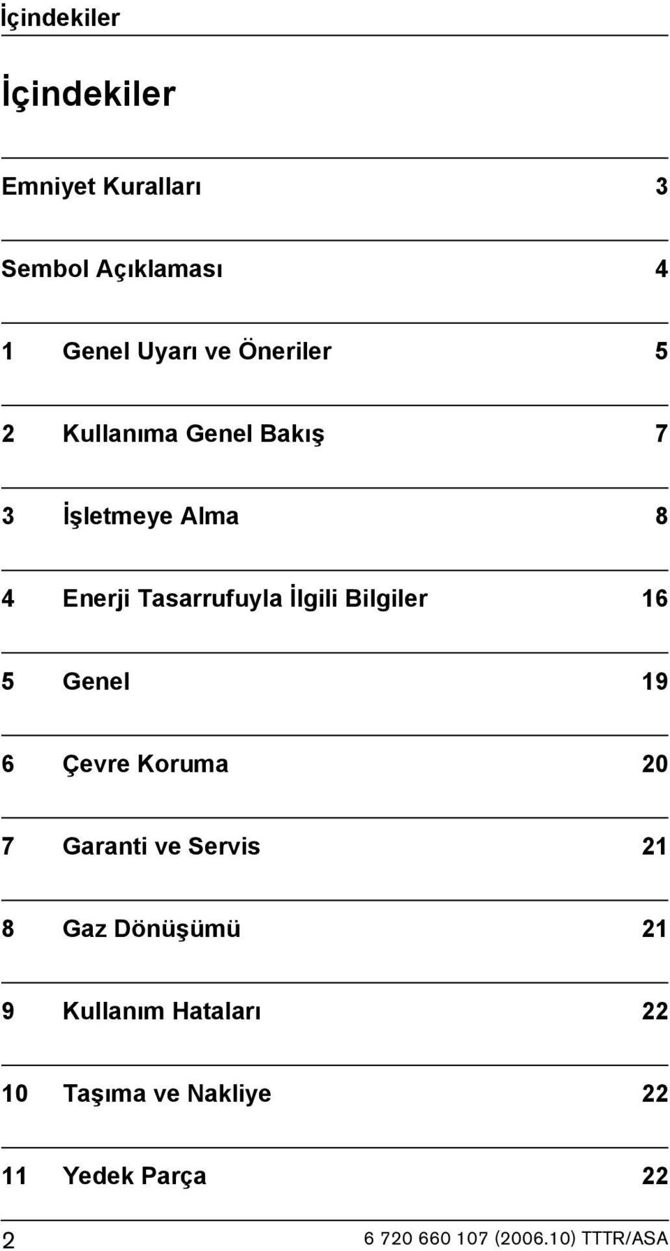 Tasarrufuyla İlgili Bilgiler 16 5 Genel 19 6 Çevre Koruma 20 7 Garanti ve