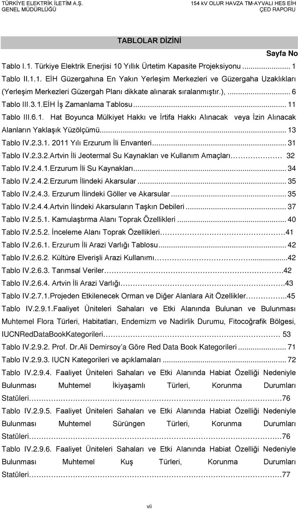 .. 31 Tablo IV.2.3.2.Artvin İli Jeotermal Su Kaynakları ve Kullanım Amaçları 32 Tablo IV.2.4.1.Erzurum İli Su Kaynakları... 34 Tablo IV.2.4.2.Erzurum İlindeki Akarsular... 35 Tablo IV.2.4.3. Erzurum İlindeki Göller ve Akarsular.