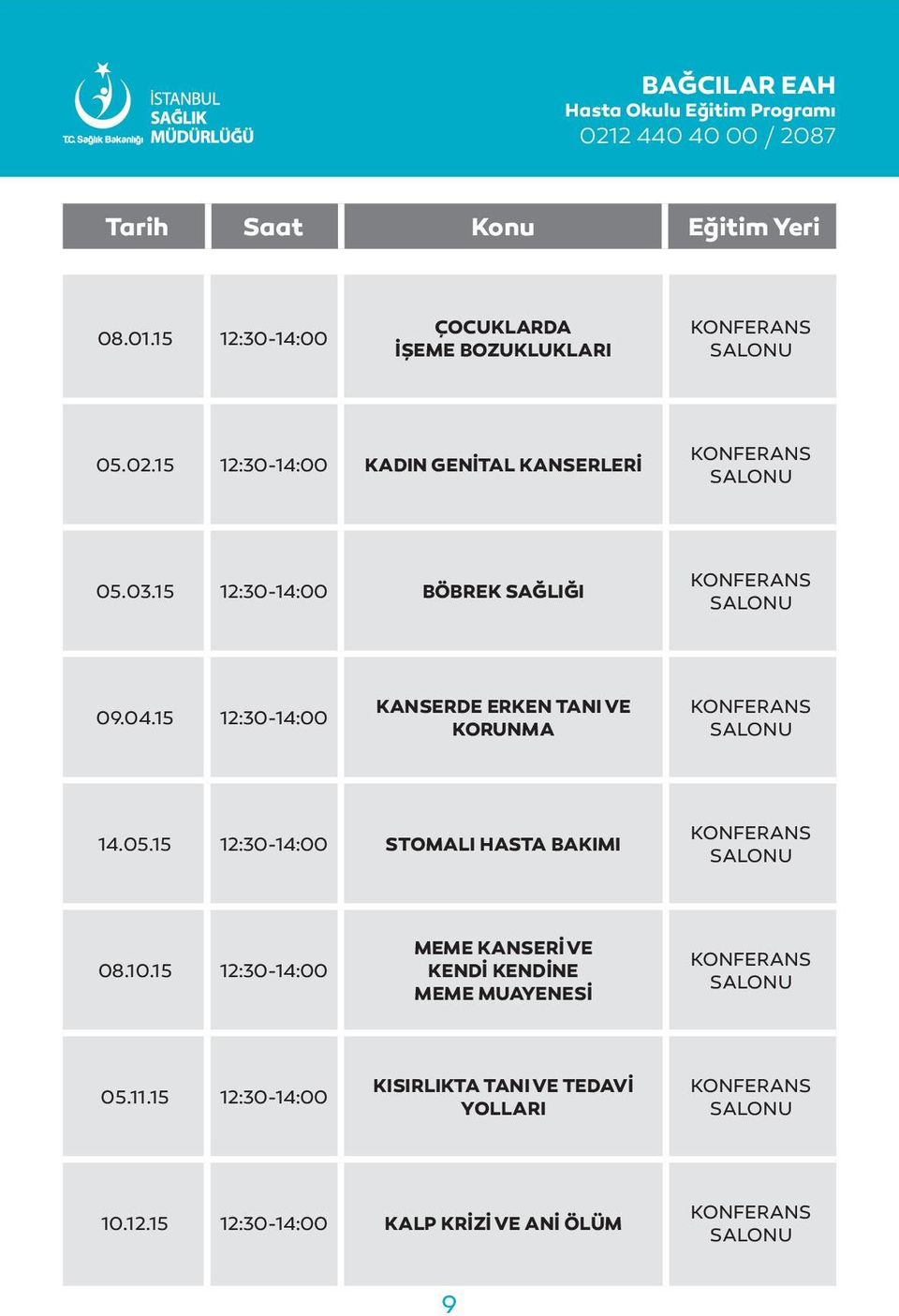 15 12:30-14:00 BÖBREK SAĞLIĞI 09.04.15 12:30-14:00 KANSERDE ERKEN TANI VE KORUNMA 14.05.