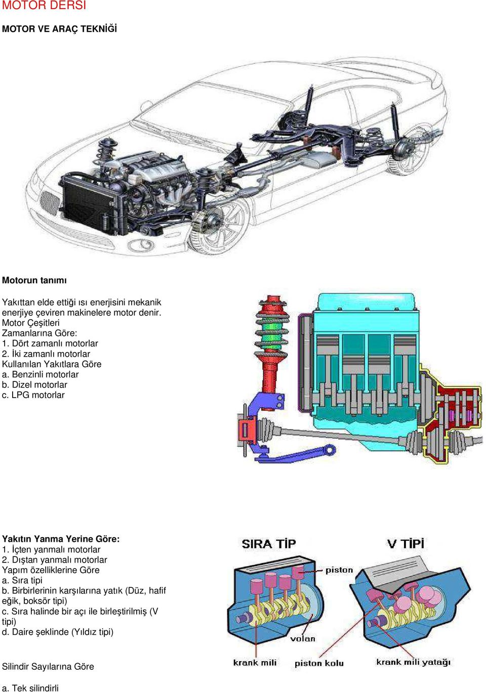 LPG motorlar Yakıtın Yanma Yerine Göre: 1. İçten yanmalı motorlar 2. Dıştan yanmalı motorlar Yapım özelliklerine Göre a. Sıra tipi b.