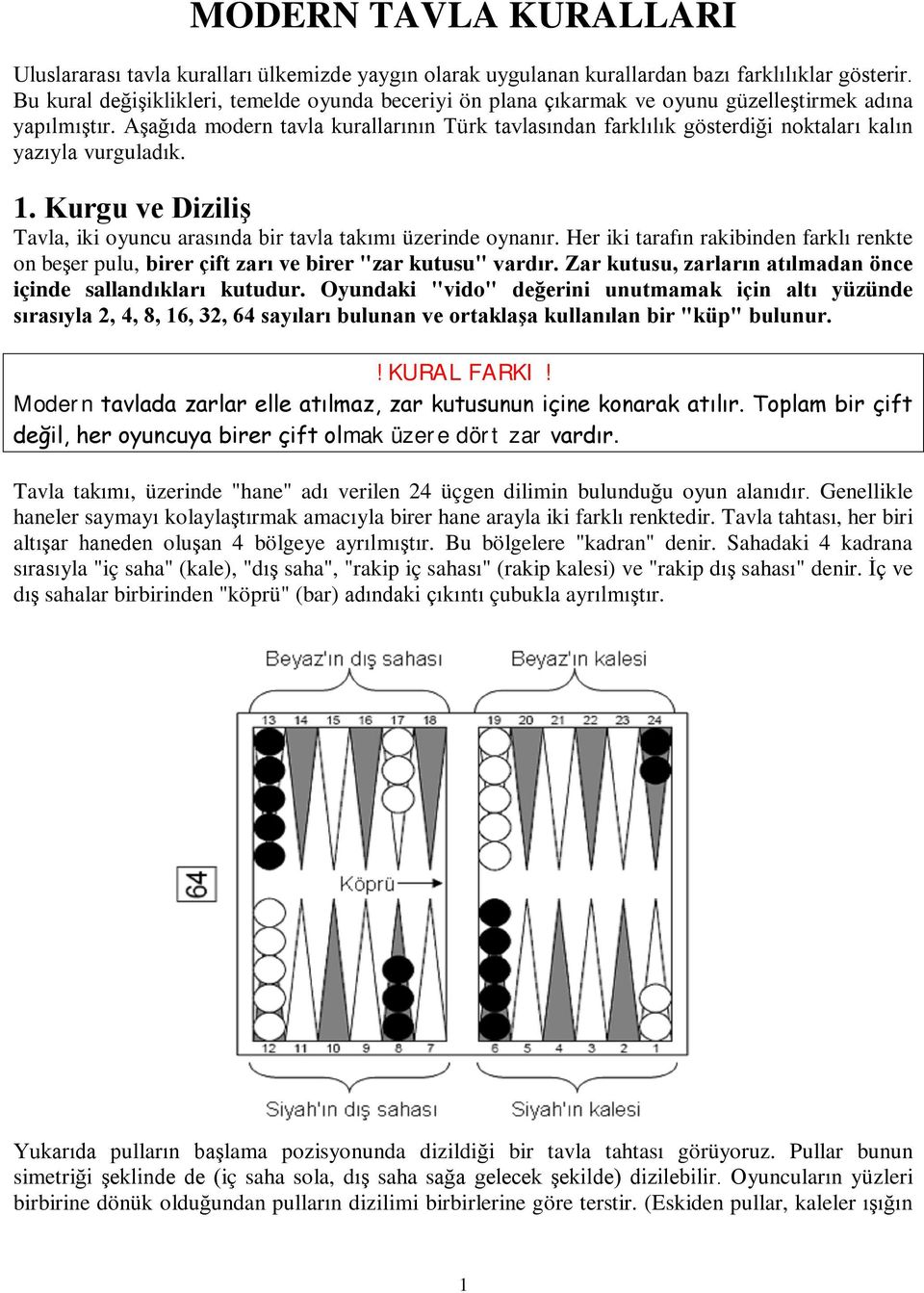 Aşağıda modern tavla kurallarının Türk tavlasından farklılık gösterdiği noktaları kalın yazıyla vurguladık. 1. Kurgu ve Diziliş Tavla, iki oyuncu arasında bir tavla takımı üzerinde oynanır.