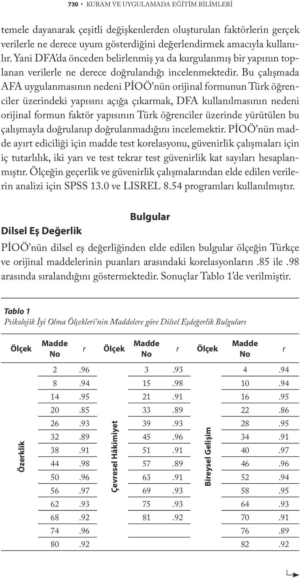 Bu çalışmada AFA uygulanmasının nedeni PİOÖ nün orijinal formunun Türk öğrenciler üzerindeki yapısını açığa çıkarmak, DFA kullanılmasının nedeni orijinal formun faktör yapısının Türk öğrenciler
