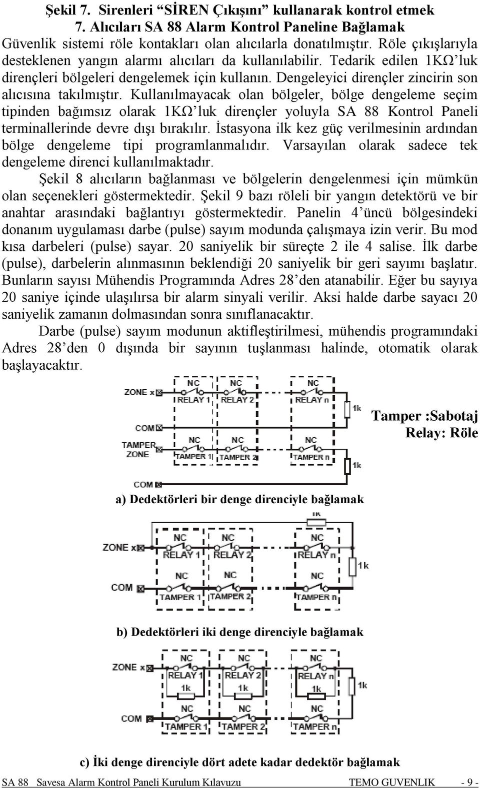 Kullanılmayacak olan bölgeler, bölge dengeleme seçim tipinden bağımsız olarak 1KΩ luk dirençler yoluyla SA 88 Kontrol Paneli terminallerinde devre dışı bırakılır.