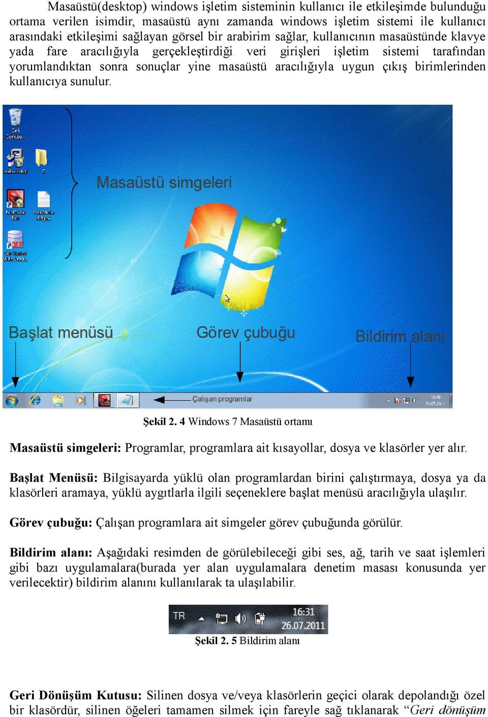 uygun çıkış birimlerinden kullanıcıya sunulur. Şekil 2. 4 Windows 7 Masaüstü ortamı Masaüstü simgeleri: Programlar, programlara ait kısayollar, dosya ve klasörler yer alır.
