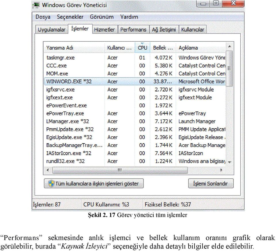 sekmesinde anlık işlemci ve bellek kullanım