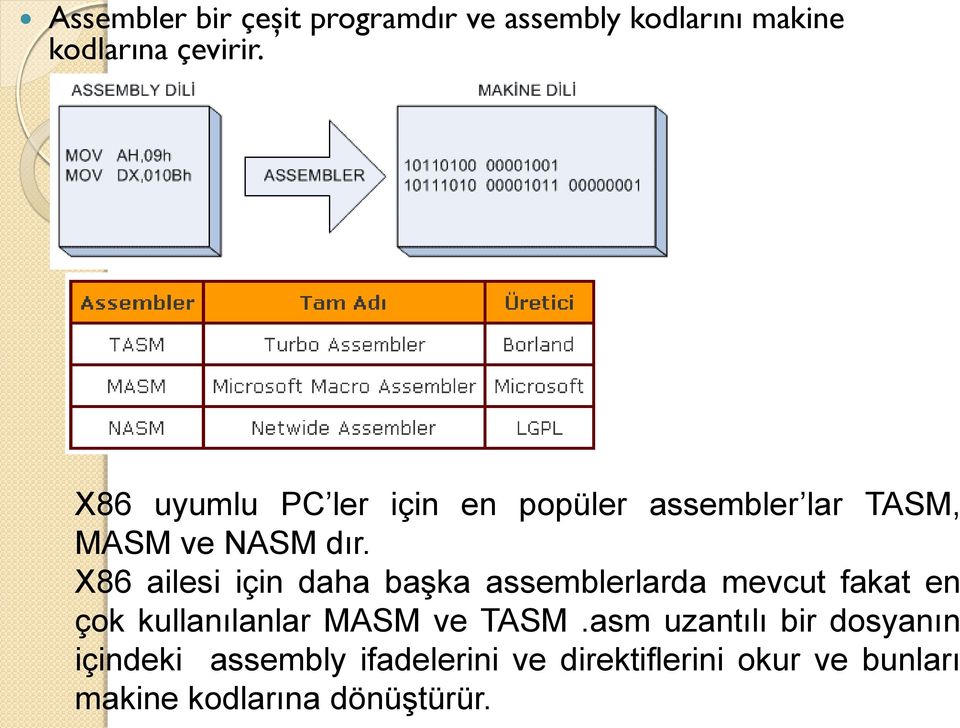 X86 ailesi için daha başka assemblerlarda mevcut fakat en çok kullanılanlar MASM ve TASM.