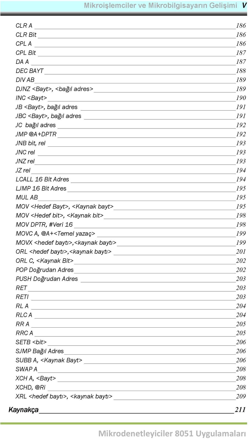 bayt> 195 MOV <Hedef bit>, <Kaynak bit> 198 MOV DPTR, #Veri 16 198 MOVC A, @A+<Temel yazaç> 199 MOVX <hedef baytı>,<kaynak baytı> 199 ORL <hedef baytı>,<kaynak baytı> 201 ORL C, <Kaynak Bit> 202 POP