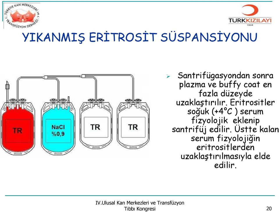 Eritrositler soğuk (+4 C ) serum fizyolojik eklenip santrifüj