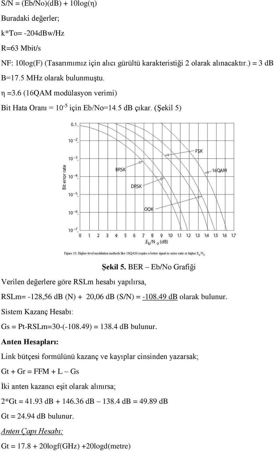 BER Eb/No Grafiği Verilen değerlere göre RSLm hesabı yapılırsa, RSLm= -128,56 db (N) + 20,06 db (S/N) = -108.49 db olarak bulunur. Sistem Kazanç Hesabı: Gs = Pt-RSLm=30-(-108.49) = 138.